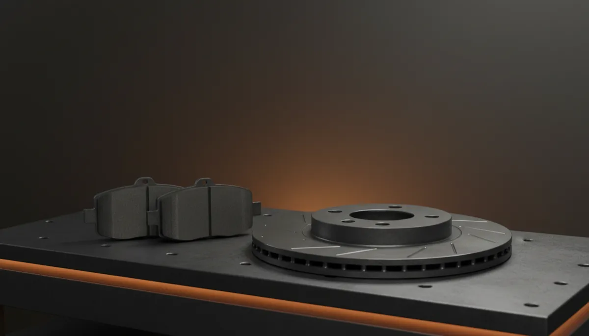 photorealistic set of two generic brake pads lying on the left and a single generic vented brake disc on the right, all placed on a dark charcoal workshop bench with subtle amber accent lighting, no brand logos or readable text