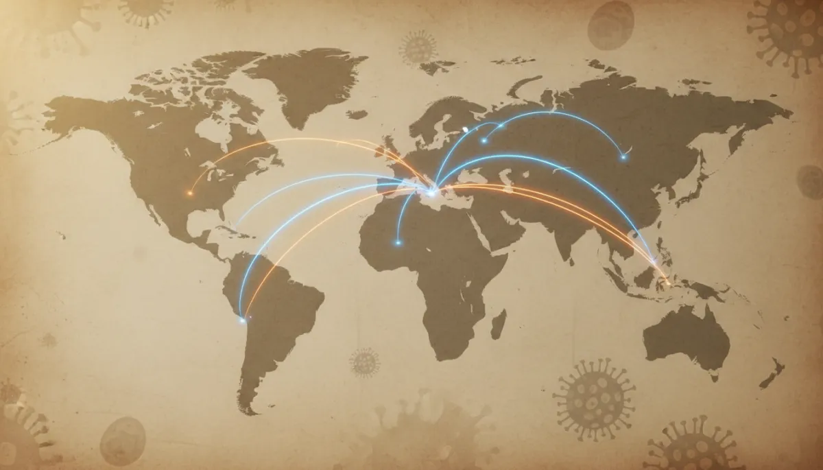 World map with flight paths illustrating rapid global disease transmission