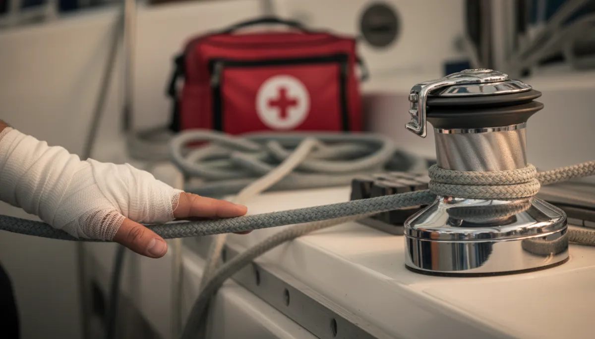 Bandaged hand of a superyacht crew member resting on a Dyneema sheet Bandaged hand of a superyacht crew member resting on a Dyneema sheet