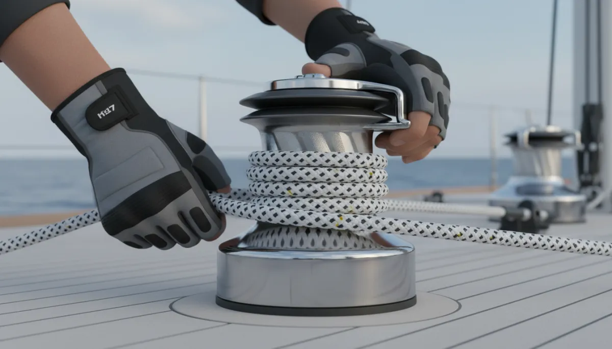 Gloved hands operating powerful winch and loaded lines on superyacht deck Gloved hands operating powerful winch and loaded lines on superyacht deck