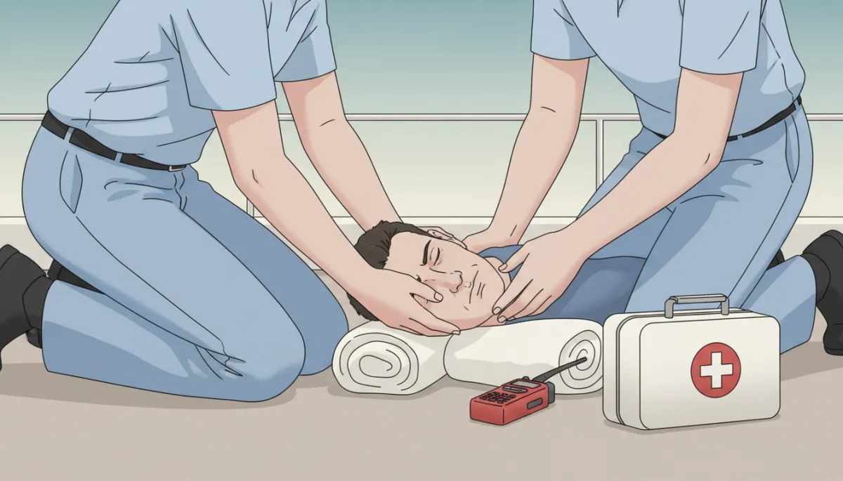 Crew using manual spinal motion restriction and padding instead of a rigid collar Crew using manual spinal motion restriction and padding instead of a rigid collar