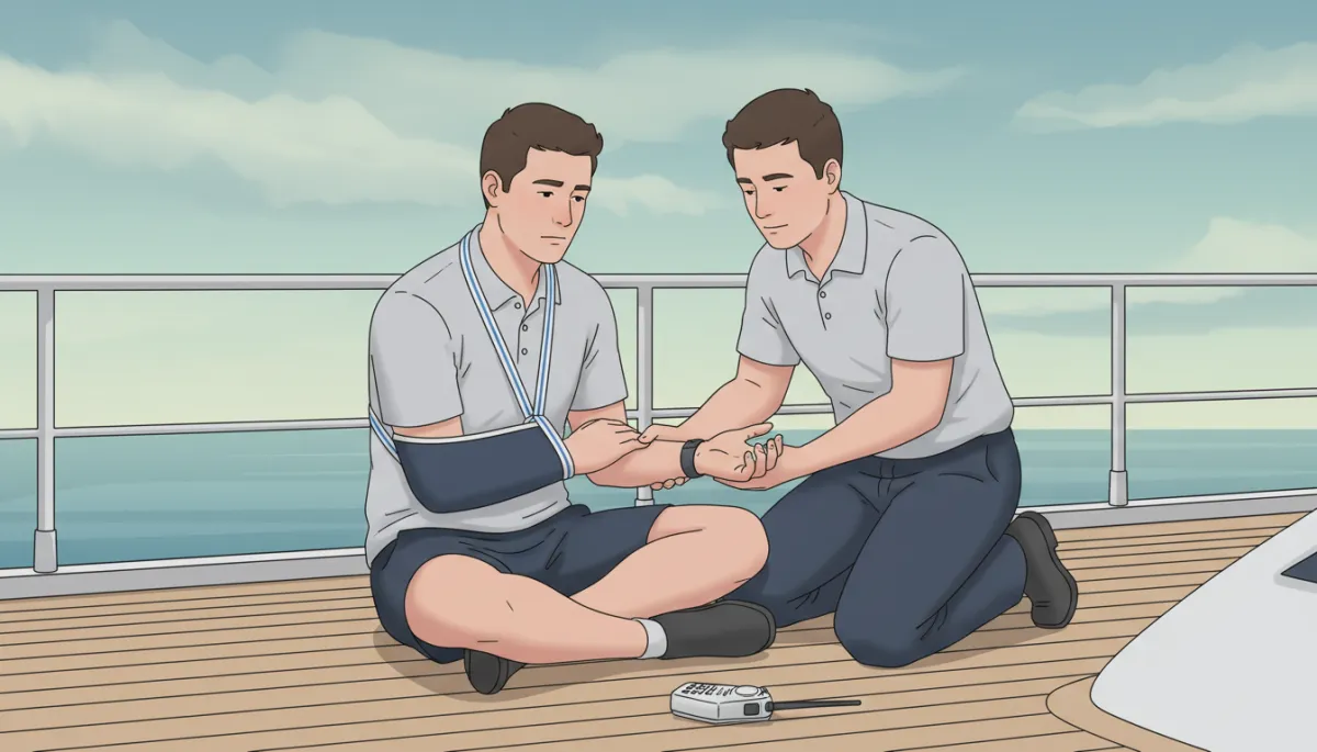 Crew stabilizing a sailor's dislocated shoulder with a sling and circulation check Crew stabilizing a sailor's dislocated shoulder with a sling and circulation check