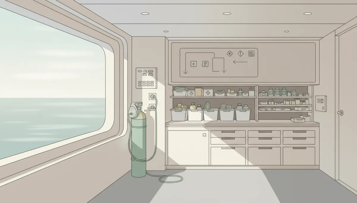 Well-organised medical station on a yacht with emergency equipment ready Well-organised medical station on a yacht with emergency equipment ready