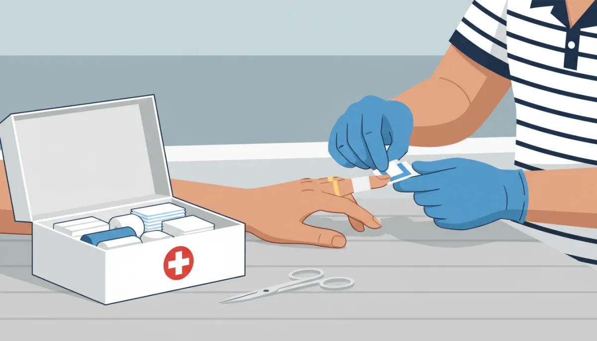 Skipper applying a sterile dressing to an injured finger on a yacht