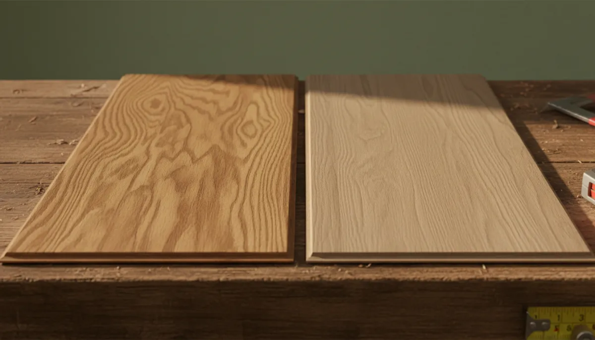 Close-up comparison of hardwood and vinyl plank flooring textures