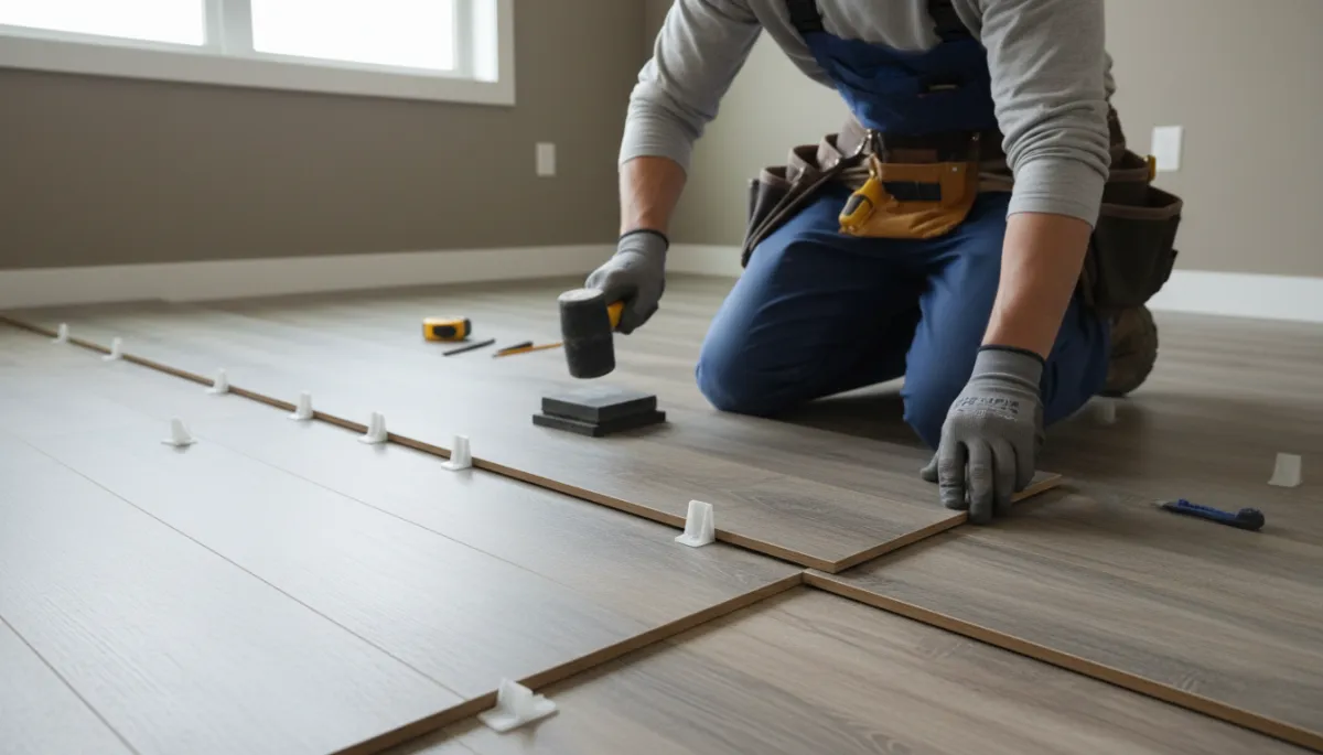 Flooring contractor installing luxury vinyl plank flooring in a Norfolk home