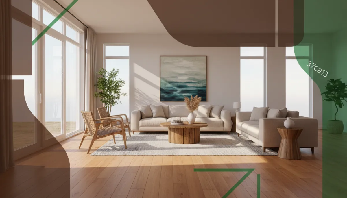 photorealistic wide-angle view of a modern Norfolk Virginia living room with newly installed warm oak hardwood floors, large windows with sunlight streaming in, neutral furniture, subtle coastal decor, with brand color overlay elements in deep wood brown #3e2a1a and green #37ca37