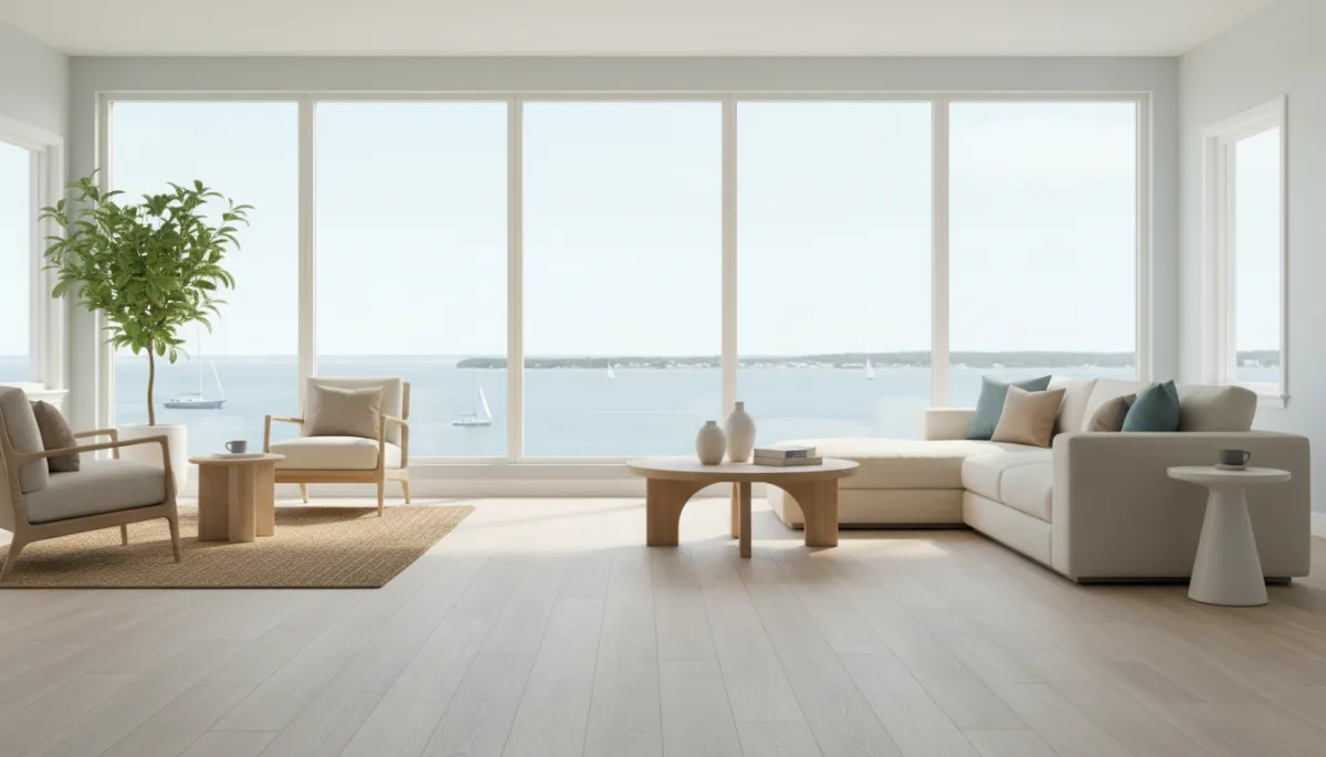 photorealistic bright coastal Virginia living room in Norfolk with newly installed neutral-tone LVP flooring, large windows, soft natural light, simple modern furniture, no text or logos