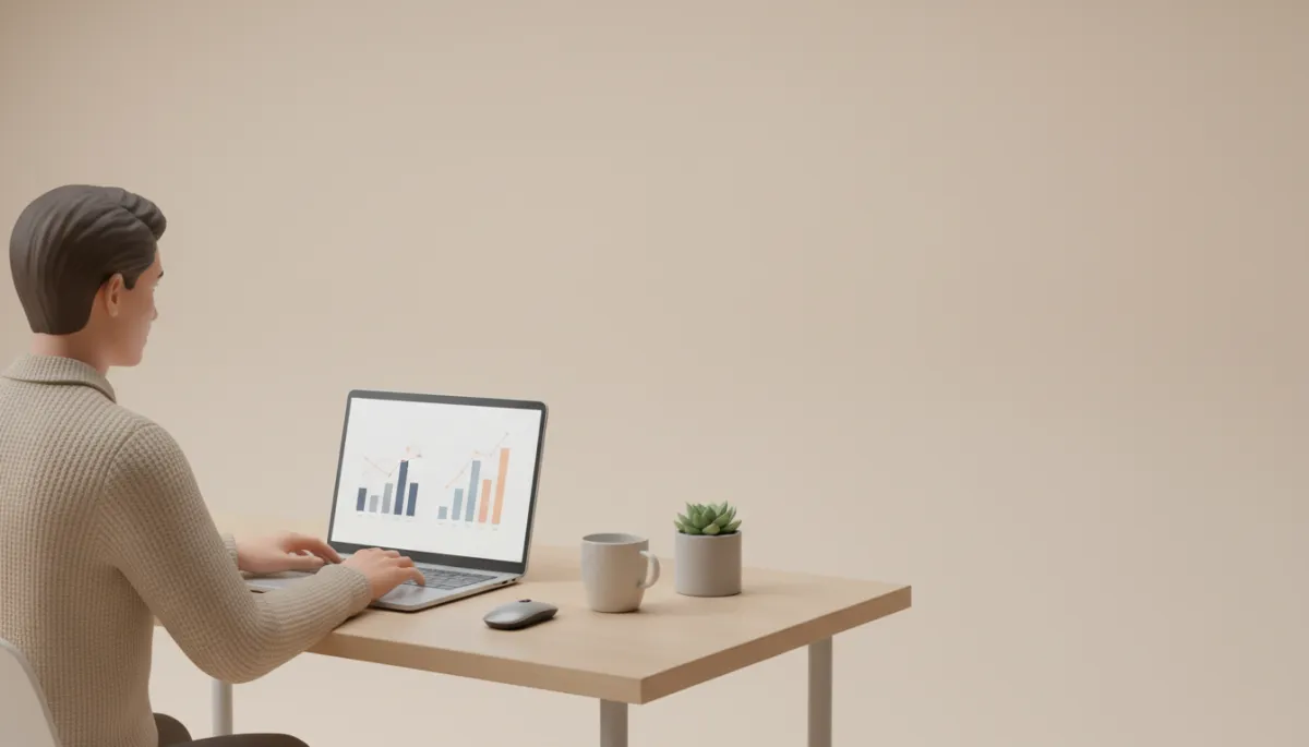 Professional reviewing simple analytics charts on a laptop in a neutral workspace Professional reviewing simple analytics charts on a laptop in a neutral workspace