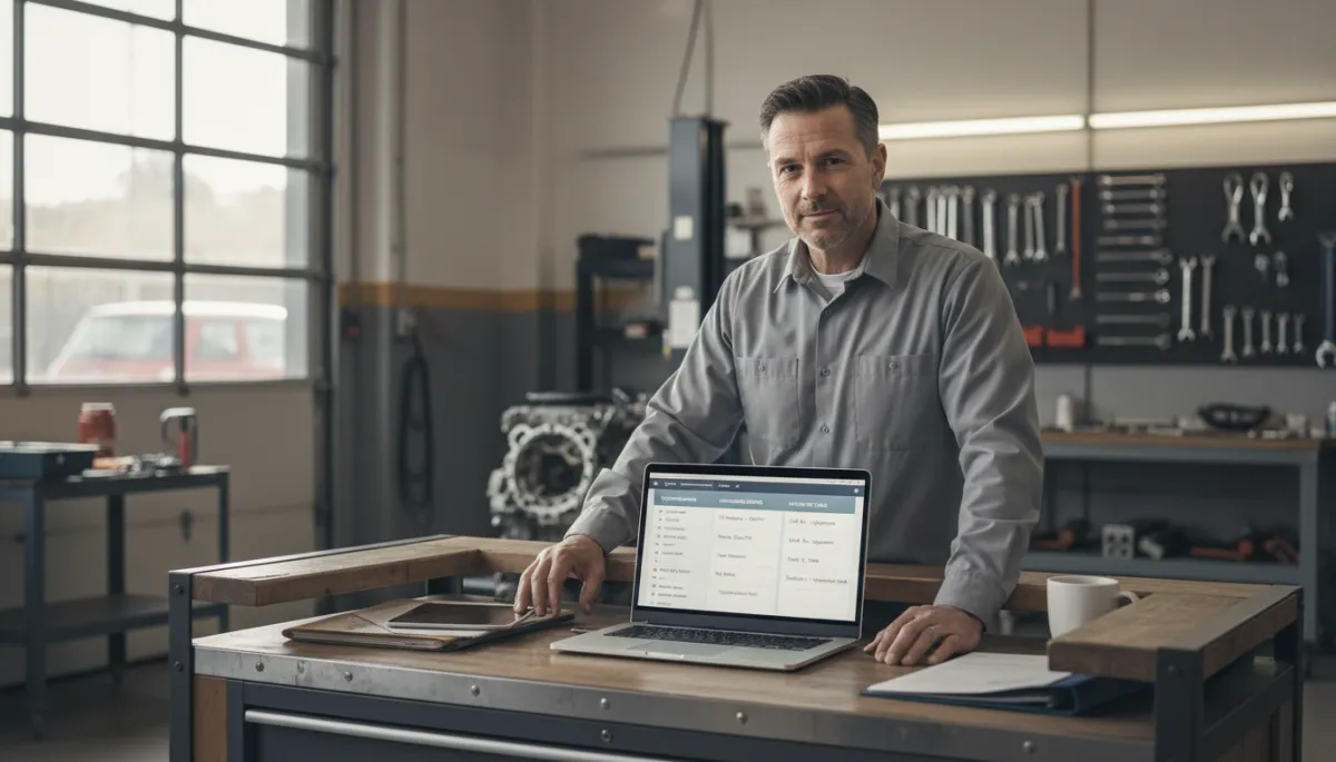 Auto shop owner reviewing a CRM dashboard with service reminders and follow-up tasks