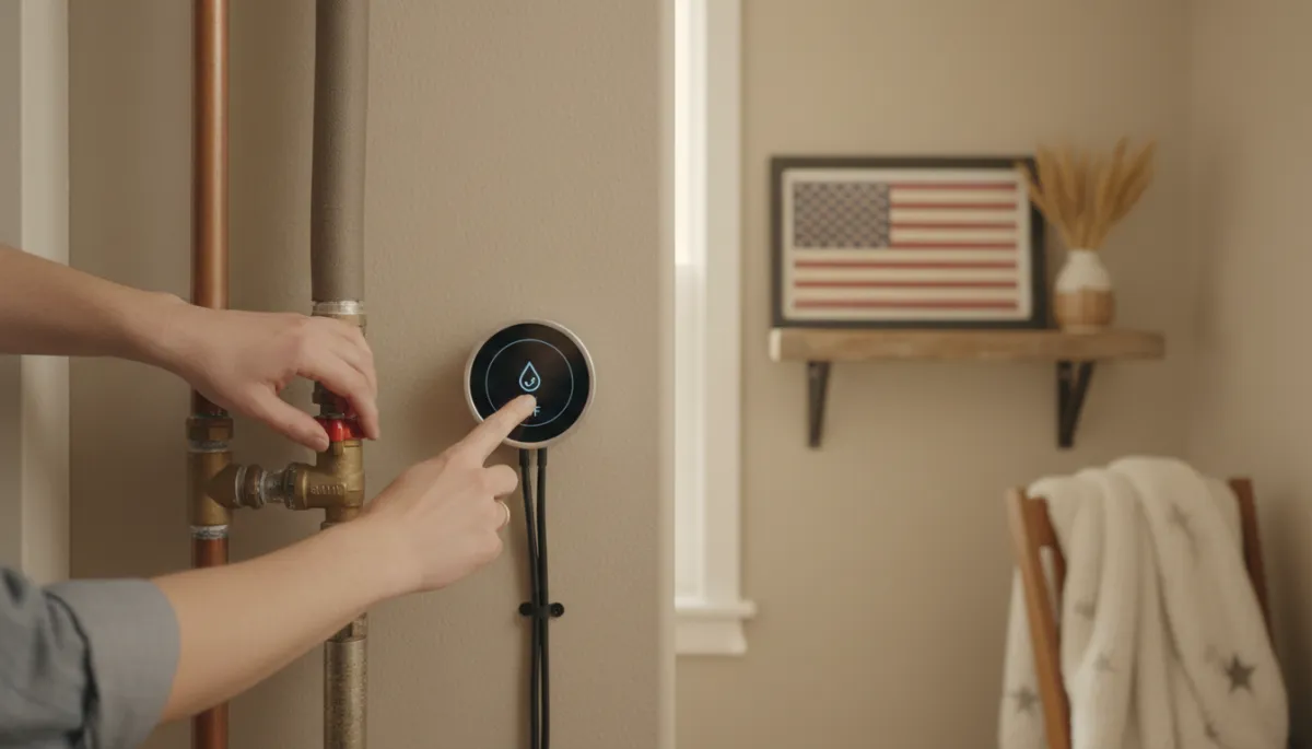 photographic realistic close-up in warm neutral tones of a homeowner’s hands turning off a main water valve and checking a smart thermostat in a tidy hallway, soft natural light, subtle patriotic decor in background photographic realistic close-up in warm neutral tones of a homeowner’s hands turning off a main water valve and checking a smart thermostat in a tidy hallway, soft natural light, subtle patriotic decor in background