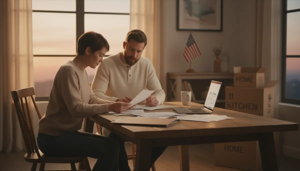photographic realistic scene in warm neutral tones of a military service member in casual clothes reviewing home documents at a wooden dining table with spouse, laptop open, moving boxes and a small American flag nearby, soft evening light through window photographic realistic scene in warm neutral tones of a military service member in casual clothes reviewing home documents at a wooden dining table with spouse, laptop open, moving boxes and a small American flag nearby, soft evening light through window