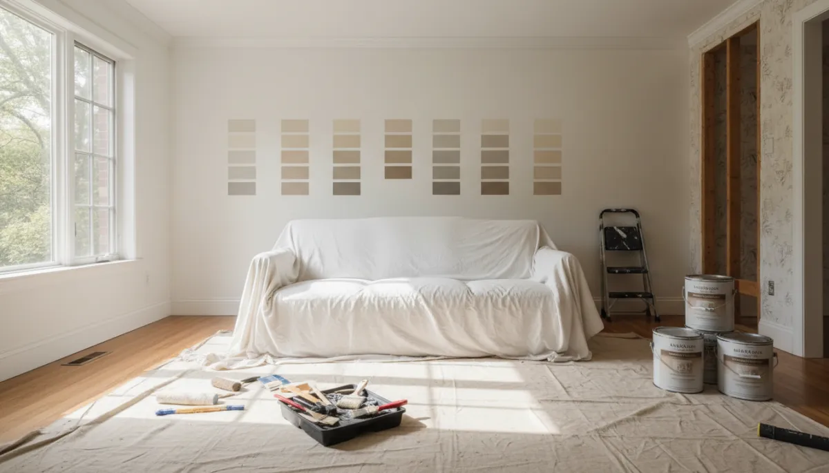 Southpark living room undergoing renovation with tools and paint samples Southpark living room undergoing renovation with tools and paint samples