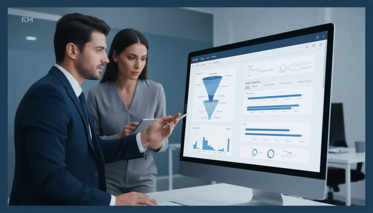 Equipe analisando painel de CRM com funil de vendas e previsões em ambiente corporativo