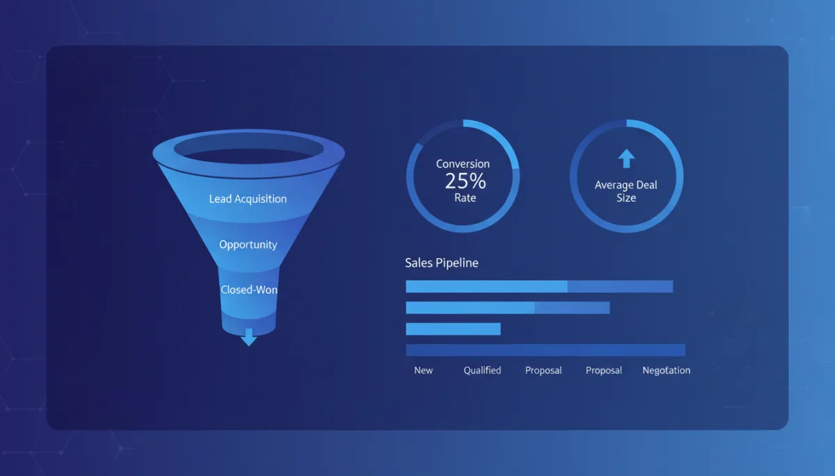 Painel de dashboard de CRM fotorrealista, com gráficos de funil de vendas, métricas e pipeline, tons azul escuro e profissional, ambiente corporativo moderno