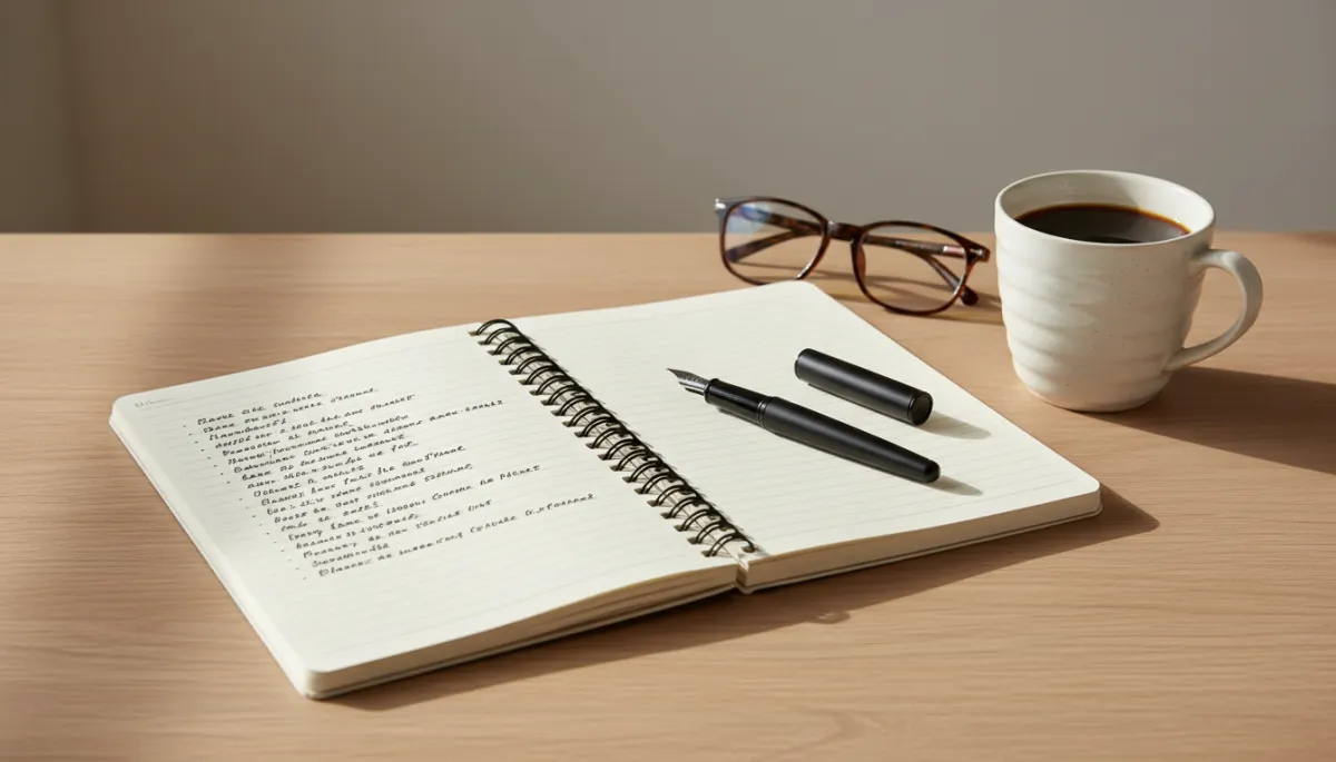 Professional neutral-toned photo of a desk with a handwritten priority list Professional neutral-toned photo of a desk with a handwritten priority list