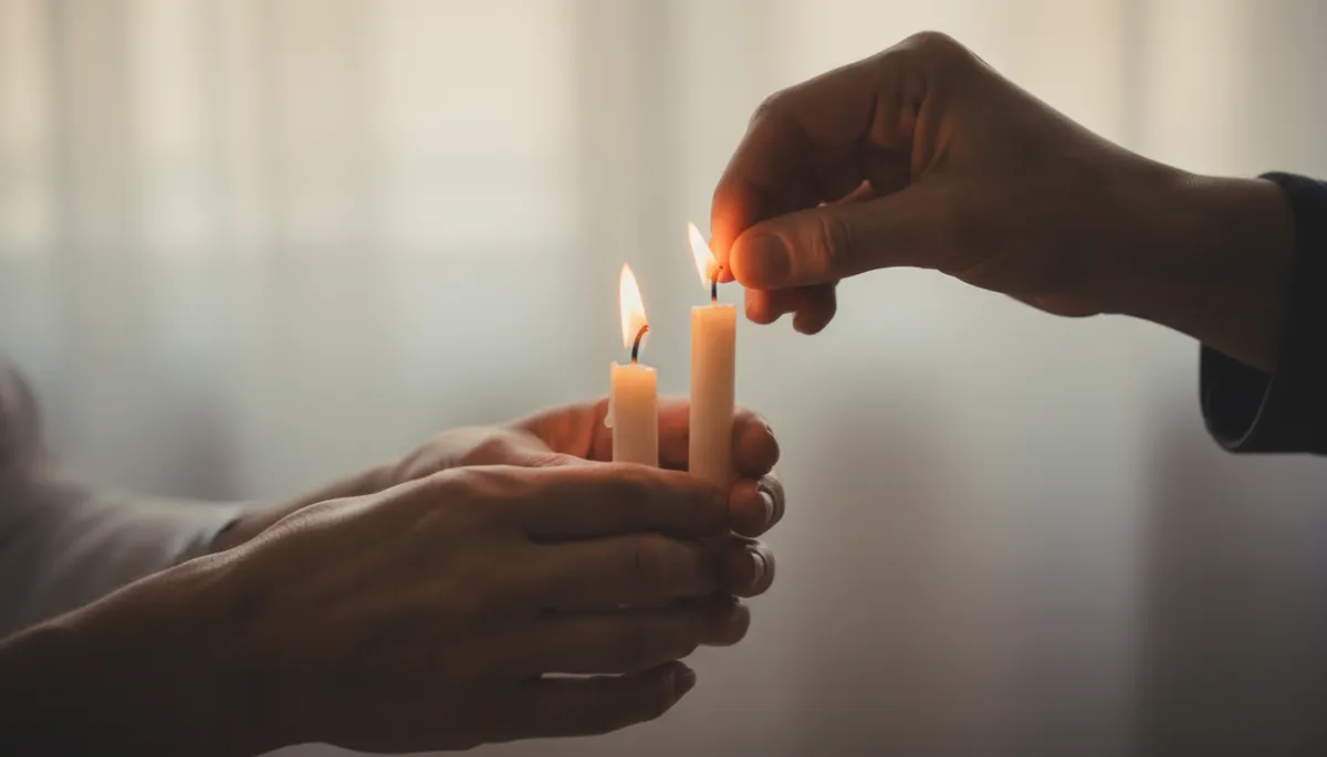 professional close-up of two hands gently lighting a small candle from another in a dimly lit room, soft neutral tones, symbolizing passing hope and support professional close-up of two hands gently lighting a small candle from another in a dimly lit room, soft neutral tones, symbolizing passing hope and support