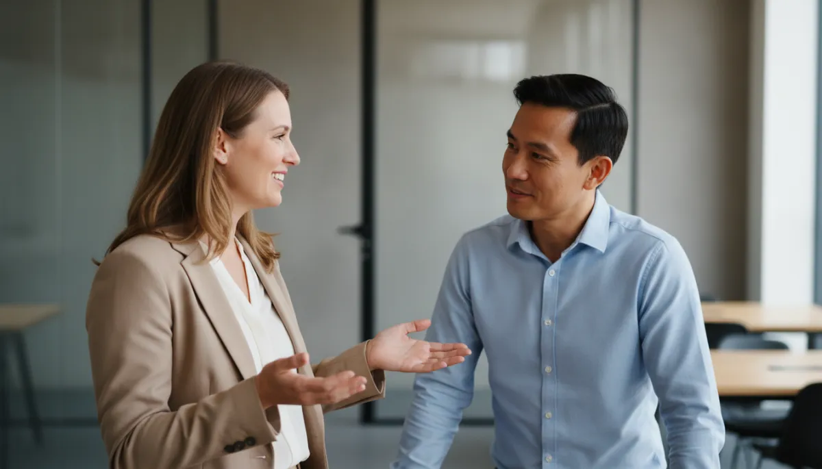 Colleague listening with empathy and smiling as another shares their feelings Colleague listening with empathy and smiling as another shares their feelings