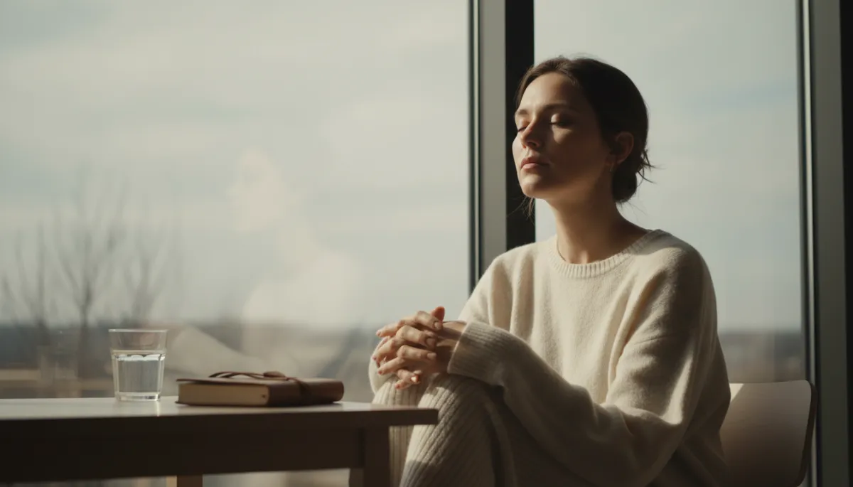 Person sitting quietly in natural light, practicing mindful awareness and reflection Person sitting quietly in natural light, practicing mindful awareness and reflection