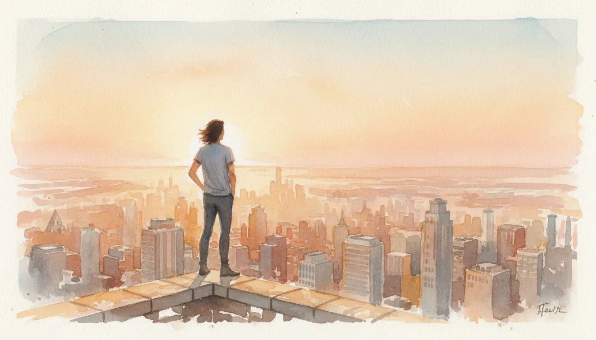 Person standing confidently overlooking a city at sunrise