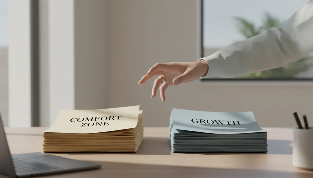 Professional hesitating between comfort zone and growth choices at a desk Professional hesitating between comfort zone and growth choices at a desk