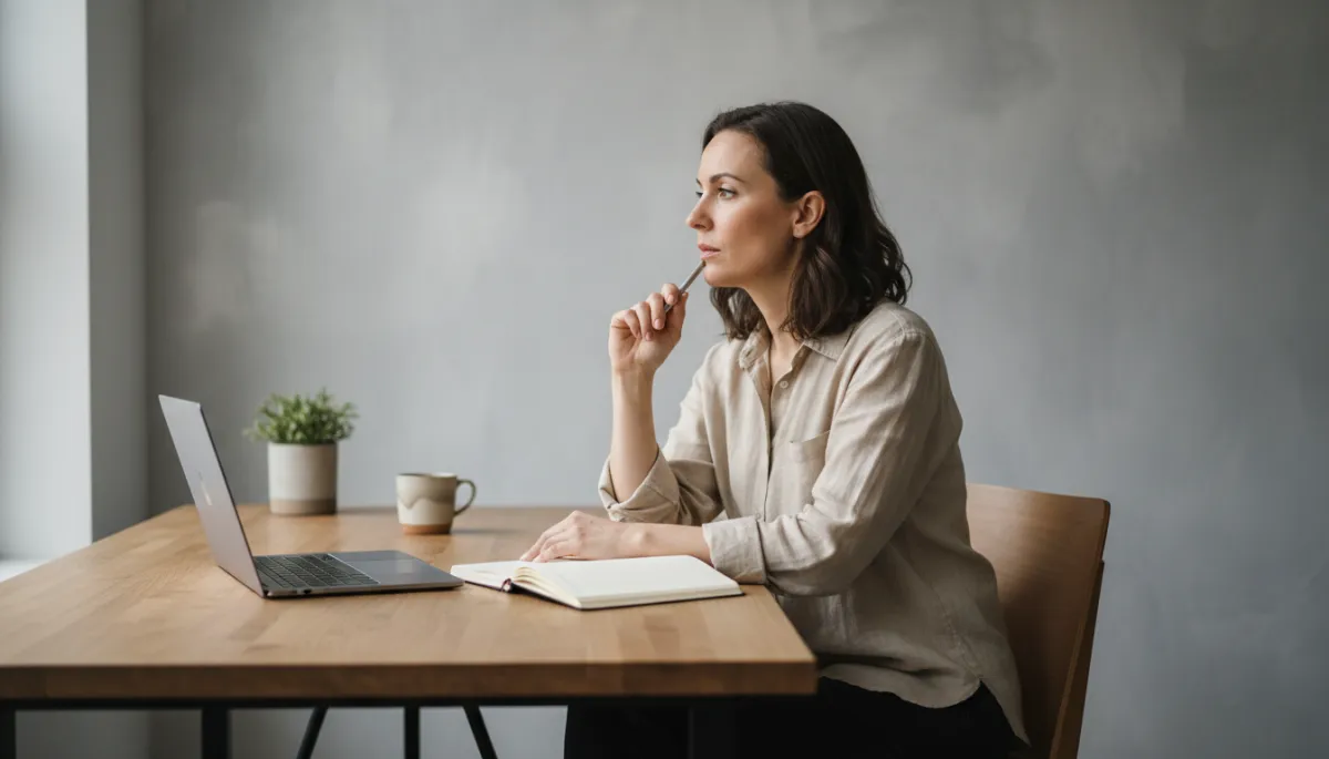 Professional reflecting and journaling at a desk Professional reflecting and journaling at a desk