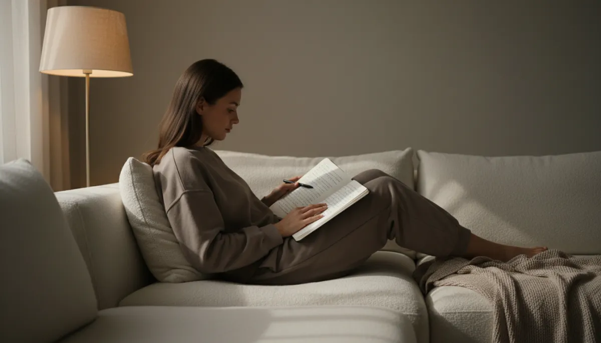 professional neutral-toned photo of a person journaling on a couch with a blanket, soft lamp light, notebook open with handwritten reflections and a pen resting on the page professional neutral-toned photo of a person journaling on a couch with a blanket, soft lamp light, notebook open with handwritten reflections and a pen resting on the page
