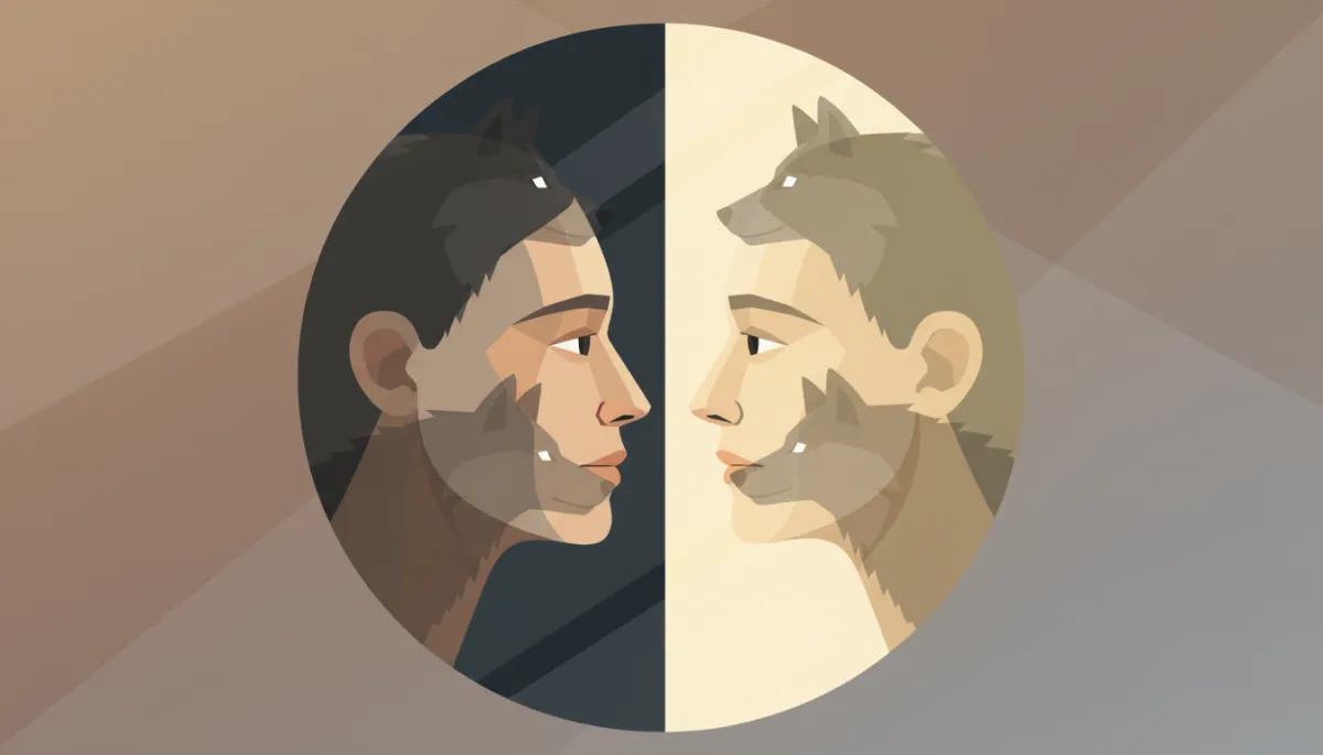 Person looking into a mirror with light and shadow symbolizing inner conflict Person looking into a mirror with light and shadow symbolizing inner conflict