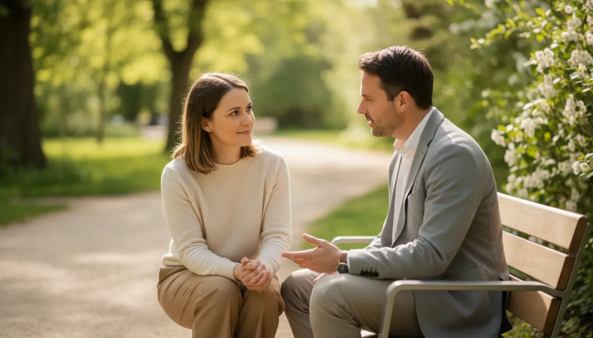 Two people talking on a bench, illustrating the ripple effect of kindness