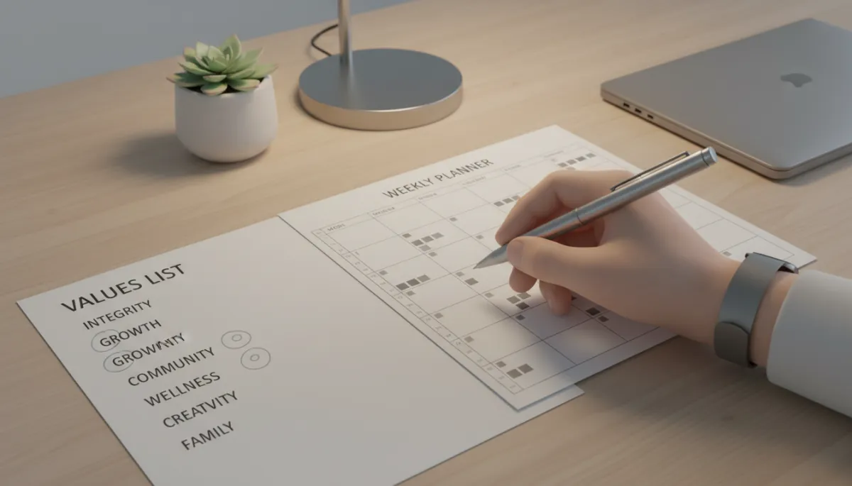 Hand circling core values on a list next to a weekly planner Hand circling core values on a list next to a weekly planner