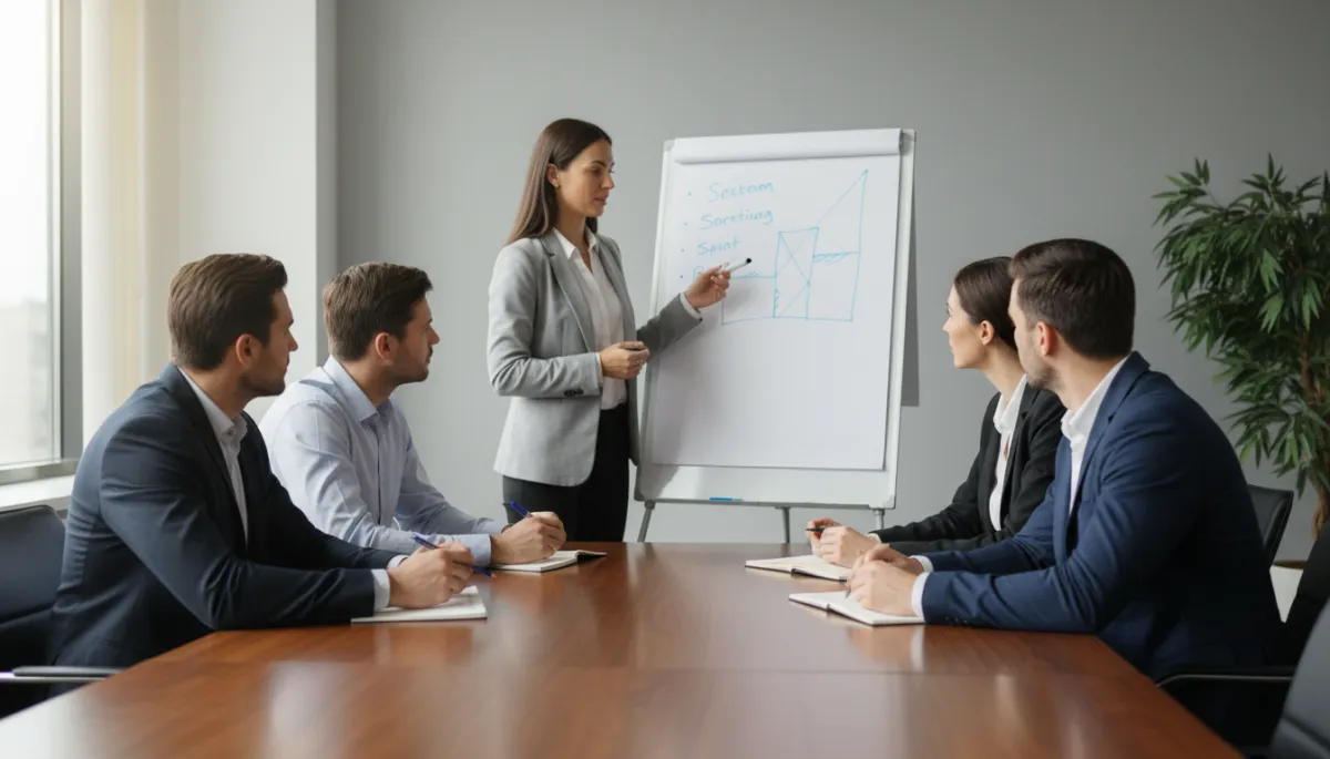 Group of professionals engaged in a coaching session in a neutral-toned meeting room Group of professionals engaged in a coaching session in a neutral-toned meeting room