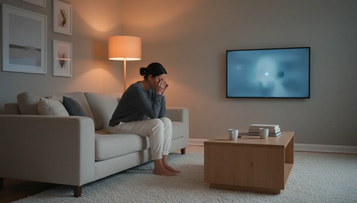 Tired person in a neutral living room sitting in front of a glowing TV Tired person in a neutral living room sitting in front of a glowing TV