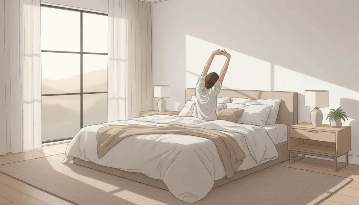 Use this image as the cover photo for the article, displaying a serene, neutral-toned bedroom at dawn with soft natural light, a person stretching on bed, and a minimalist, calm atmosphere. Use this image as the cover photo for the article, displaying a serene, neutral-toned bedroom at dawn with soft natural light, a person stretching on bed, and a minimalist, calm atmosphere.