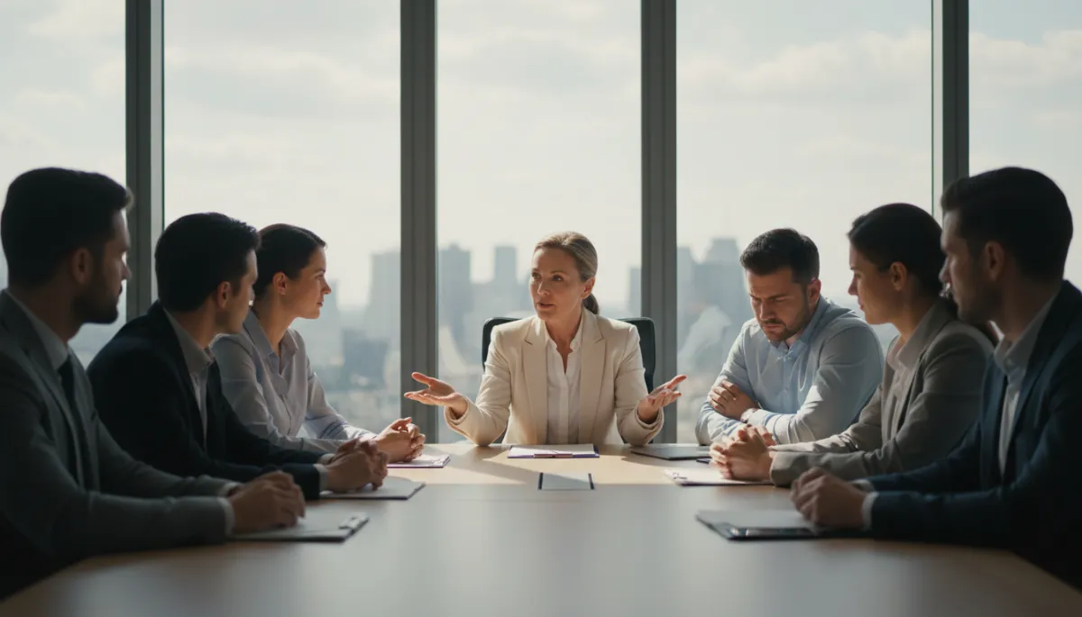 Calm leader guiding a tense team discussion in a meeting room Calm leader guiding a tense team discussion in a meeting room