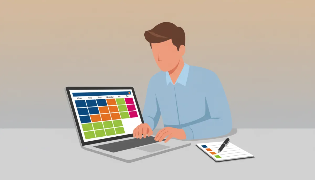 Professional reviewing a weekly calendar with color-coded time blocks Professional reviewing a weekly calendar with color-coded time blocks