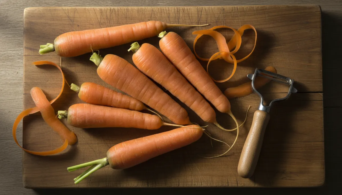 Whole carrots being peeled on a wooden cutting board in soft light Whole carrots being peeled on a wooden cutting board in soft light
