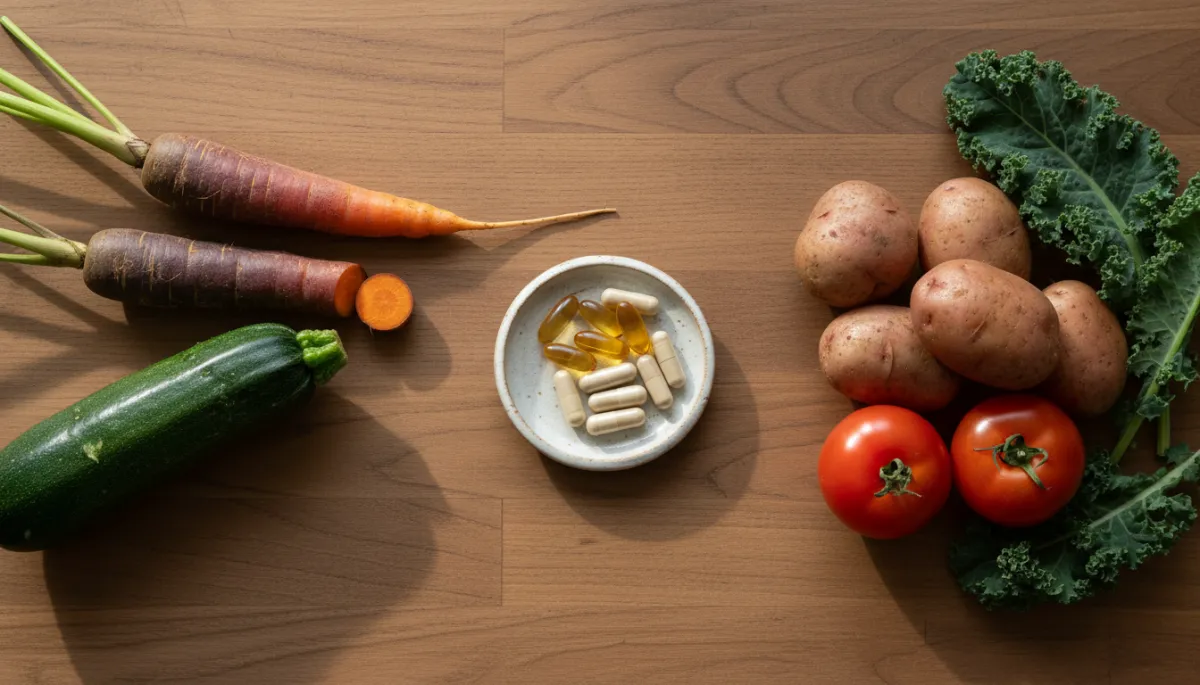 Fresh vegetables beside high-quality supplement capsules on a kitchen counter Fresh vegetables beside high-quality supplement capsules on a kitchen counter