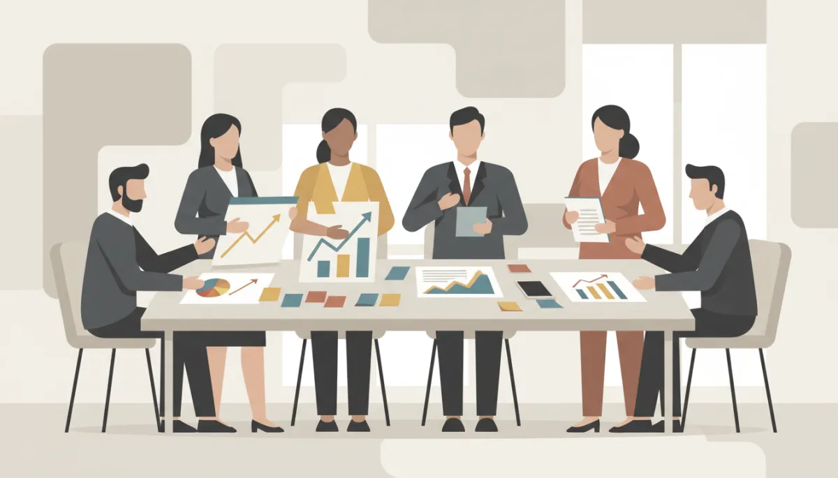 Local business leaders collaborating on recession strategies around a conference table
