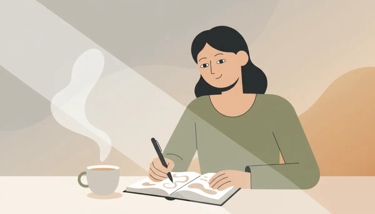 Professional neutral-toned scene of a person journaling and reflecting calmly at a table Professional neutral-toned scene of a person journaling and reflecting calmly at a table