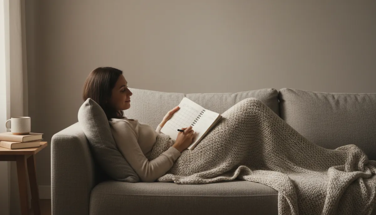 Person reviewing a simple handwritten habit tracker while relaxing at home