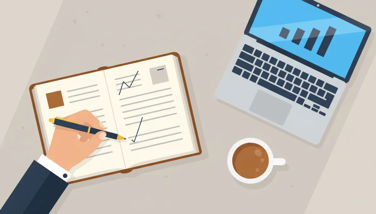 professional photorealistic close-up of a business professional writing their goals and vision in a leather notebook at a neutral-toned desk with laptop and coffee professional photorealistic close-up of a business professional writing their goals and vision in a leather notebook at a neutral-toned desk with laptop and coffee