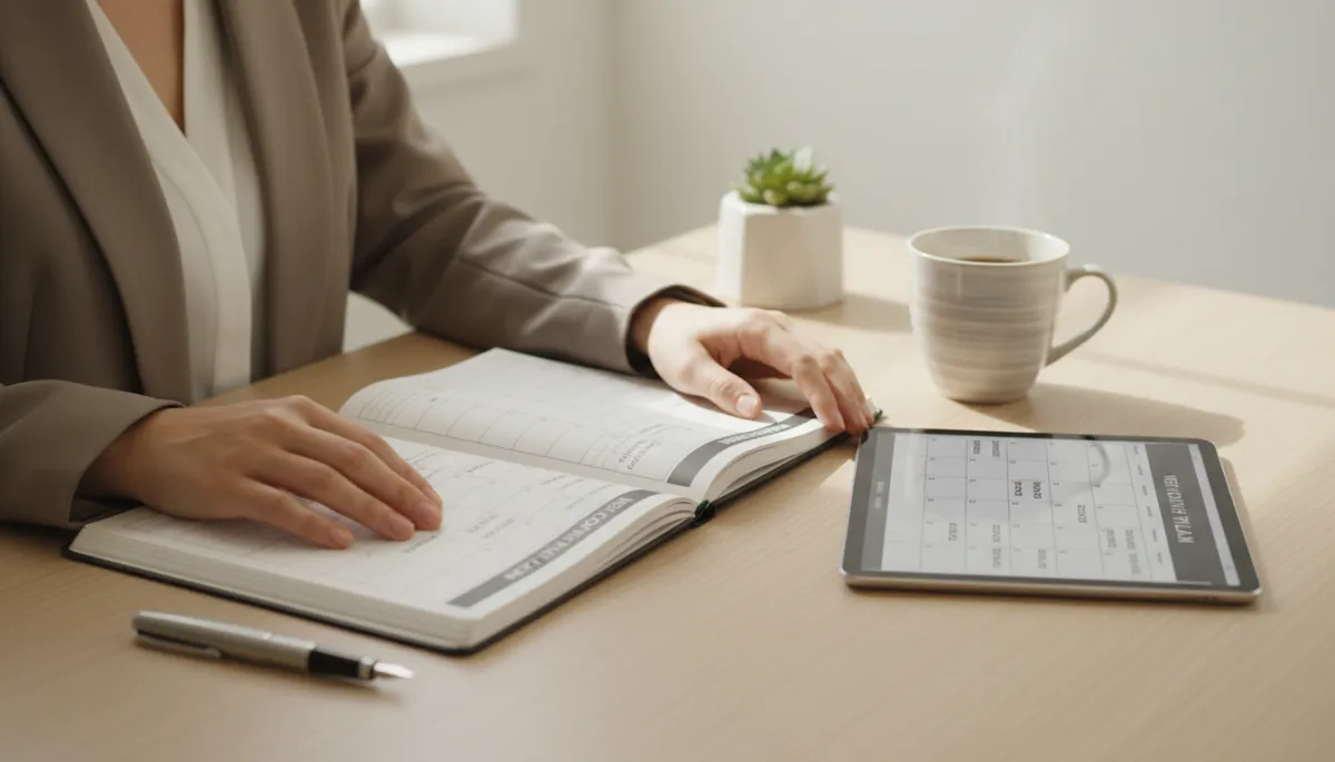 Professional reviewing structured weekly personal growth plan Professional reviewing structured weekly personal growth plan