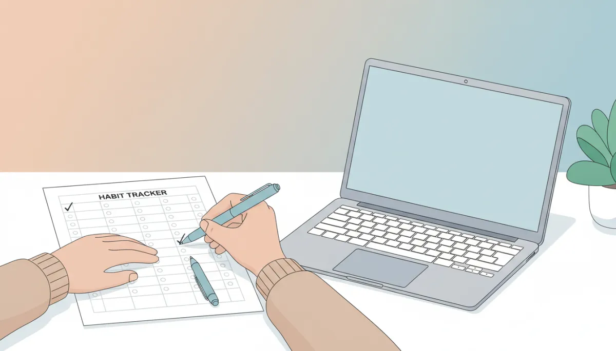 professional neutral-toned photo of a person checking off small daily goals on a printed habit tracker beside a laptop and pen, calm lighting and organized workspace professional neutral-toned photo of a person checking off small daily goals on a printed habit tracker beside a laptop and pen, calm lighting and organized workspace
