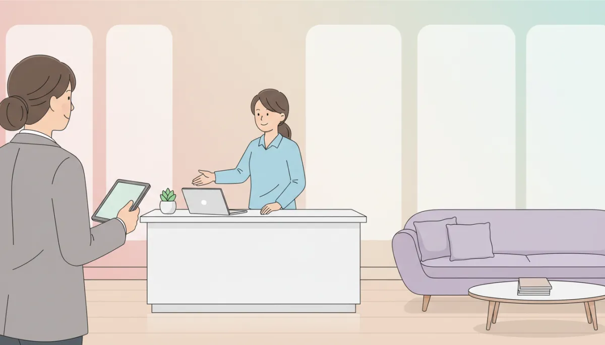 Welcoming local business reception area with friendly staff and calm neutral colors Welcoming local business reception area with friendly staff and calm neutral colors
