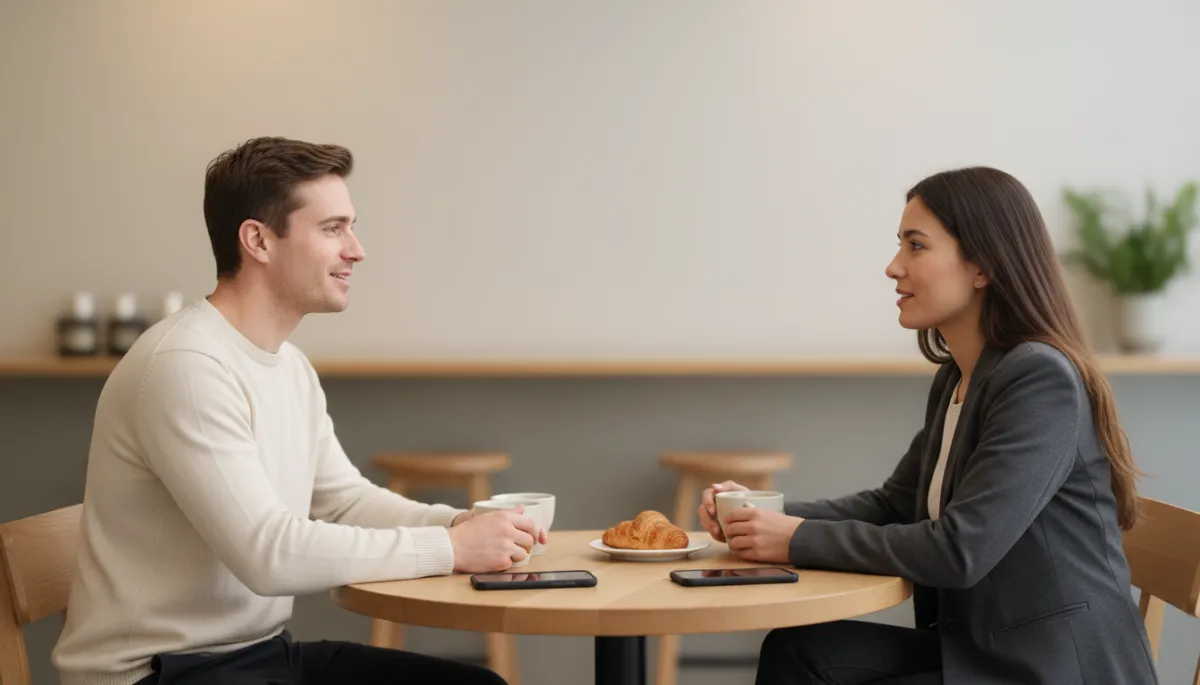 Two people in a neutral-toned cafe engaged in a mindful conversation Two people in a neutral-toned cafe engaged in a mindful conversation