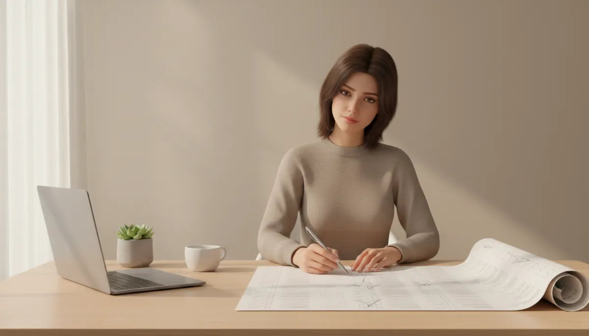 Person crossing off items on a long to-do list at a minimalist desk