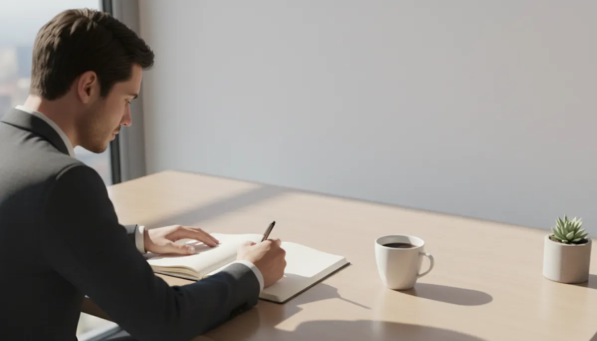 Person journaling at a tidy desk in soft natural light
