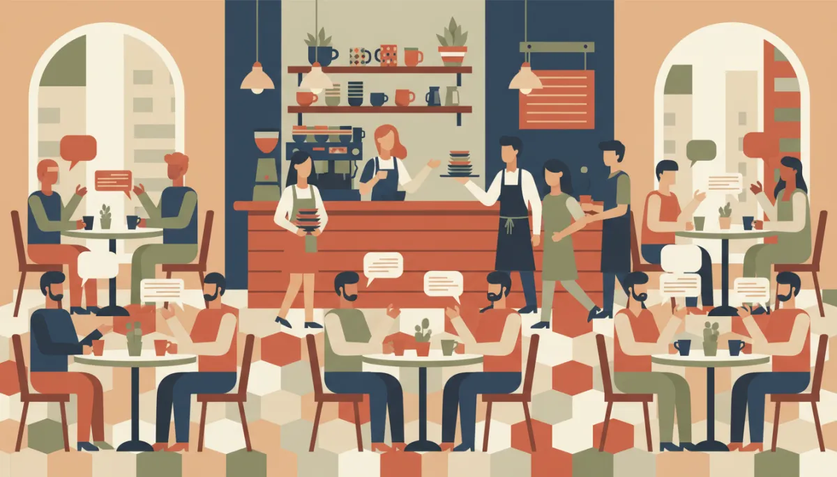 Busy local café filled with customers and an owner engaging with guests