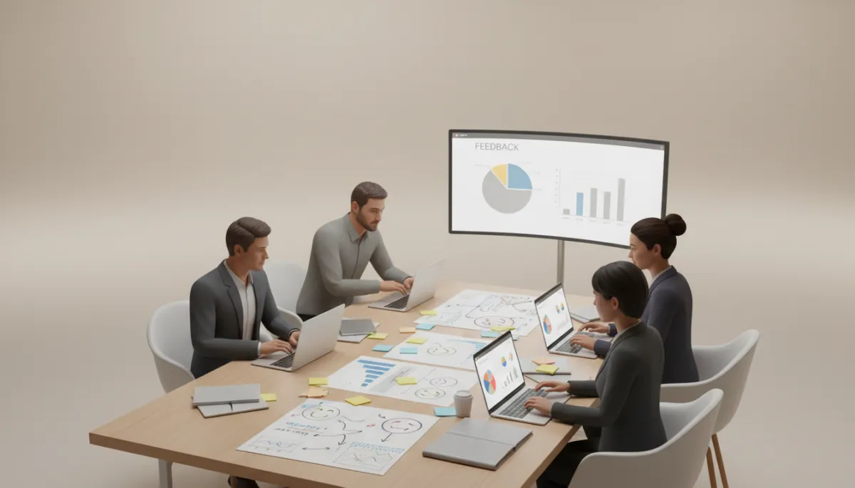 Team reviewing customer feedback and discussing client needs in a professional neutral-toned office Team reviewing customer feedback and discussing client needs in a professional neutral-toned office