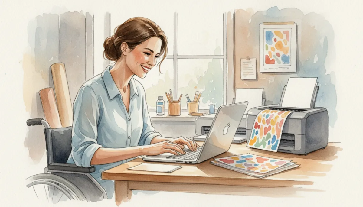 professional photorealistic close-up of a woman in a wheelchair at a desk, smiling with determination while working on a laptop and printing samples, soft neutral lighting, subtle background of a small printing studio